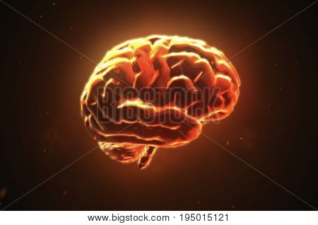 Big Strong Brain Pulsing In Orange 3D Illustration