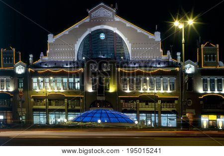 Illuminated Besarabsky Market at night. Ukraine Kiev.