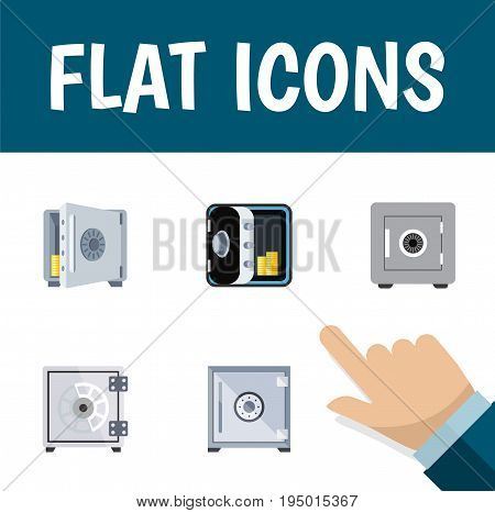 Flat Icon Closed Set Of Locked, Coins, Strongbox And Other Vector Objects. Also Includes Locked, Safe, Strongbox Elements.