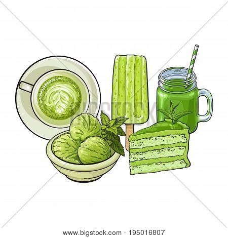Hand drawn food with matcha green tea - ice cream, cake, latte, drink, sketch vector illustration isolated on white background. Hand drawn matcha tea food - popsicle, cake, cappuccino, cocktail drink