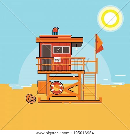 Coast guard station on water vector illustration. Rescue tower vector. The point of safety and rescue on the beach near the ocean