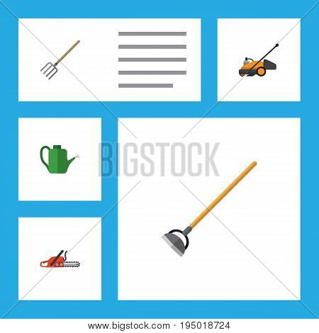 Flat Icon Dacha Set Of Hacksaw, Bailer, Tool And Other Vector Objects. Also Includes Hoe, Cutter, Lawn Elements.