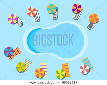 Swimming Pool, Top View. Sunbeds And Umbrellas From The Sun, Rest At The Pool. Vector Illustration