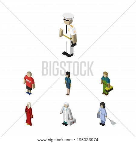 Isometric Person Set Of Policewoman, Plumber, Housemaid And Other Vector Objects. Also Includes Policewoman, Guy, Girl Elements.
