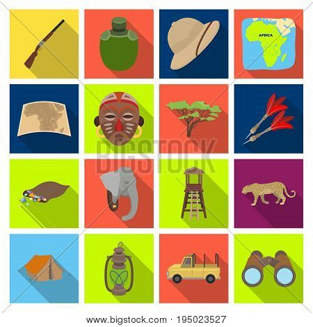 Rifle, mask, map of the territory, diamonds and other equipment. African safari set collection icons in flat style vector symbol stock illustration .