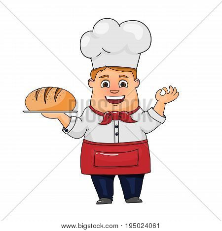 Hand drawn baker with  bread in his hand. Isolated on white background. Cartoon style. Vector illustration