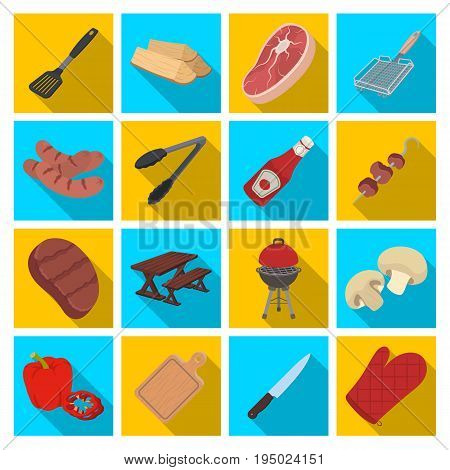Meat, steak, firewood, grill, table and other accessories for barbecue.BBQ set collection icons in flat style vector symbol stock illustration .