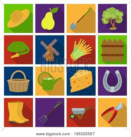 Mill, gloves, fence and other farm equipment. Farm and gardening set collection icons in flat style vector symbol stock illustration.