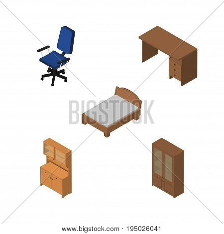 Isometric Furnishing Set Of Bedstead, Table, Cabinet And Other Vector Objects. Also Includes Cabinet, Locker, Armchair Elements.