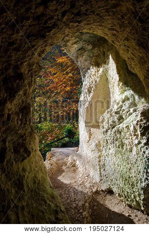 Autumn view from the Diana Grotto of Ermitage Arlesheim Switzerland