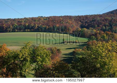 Autumn forest and fields. Aerial view from the wall of the Dorneck Castle