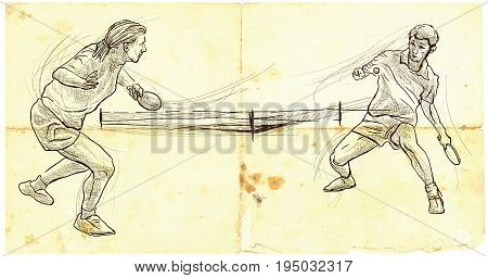 An hand drawn illustration vector. Sport TABLE TENNIS Ping-Pong. Line art techniques drawing.