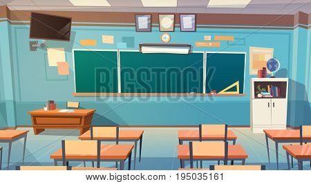 Empty School Class Room Interior Board Desk Flat Vector Illustration