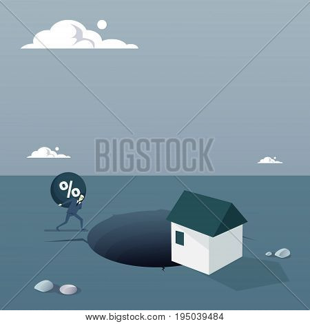 Business Man Chain Bound Paying Credit Debt For House Finance Crisis Concept Flat Vector Illustration