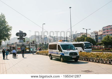 Istanbul, July 11, 2017: A police car on the street in the Aksaray area in Istanbul, Turkey. Protection of public order, protection of the population from crime.