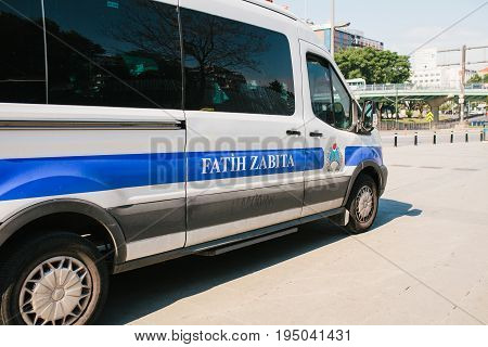 Istanbul, July 11, 2017: A police car on the street in the Aksaray area in Istanbul, Turkey. Protection of public order, protection of the population from crime.