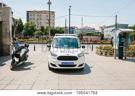 Istanbul, July 11, 2017: A police car on the street in the Aksaray area in Istanbul, Turkey. Protection of public order, protection of the population from crime.