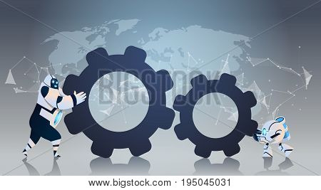Modern Robots Pushing Cog Wheel Together Artificial Intelligence Technology Robotic Cooperation Concept Flat Vector Illustration