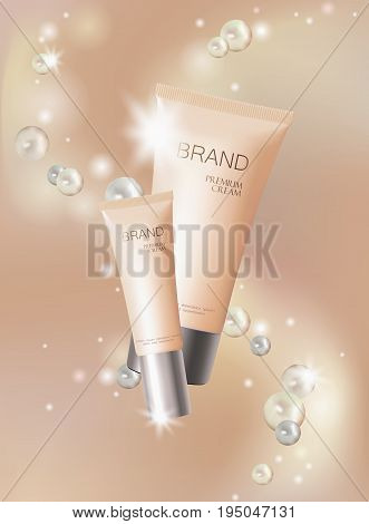 Light pearl cosmetic ad design template. Delicate beige silver skin care package tube glass. Bubble blurry defocuced background promotional banner vector illustration art