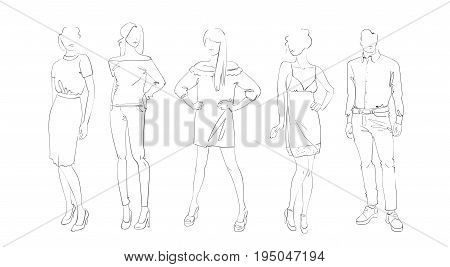 Fashion Collection Of Clothes Set Of Models Wearing Trendy Clothing Sketch Vector Illustration
