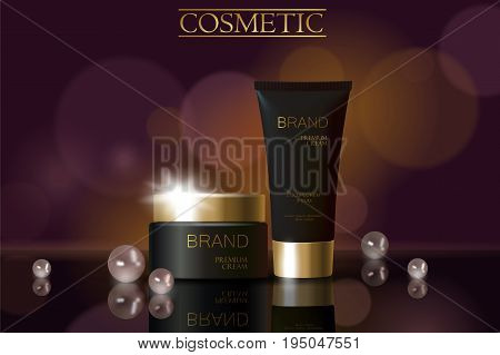 Black pearl cosmetic ad design template. Dark golden skin care package tube glass reflection. Purple blurry defocuced background promotional banner vector illustration art