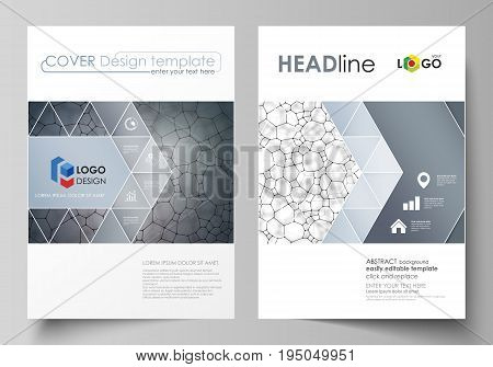 Business templates for brochure, magazine, flyer, booklet or annual report. Cover design template, easy editable vector, abstract flat layout in A4 size. Chemistry pattern, molecular texture, polygonal molecule structure, cell. Medicine, science, microbio