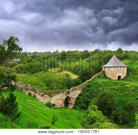 Beautiful view on the Yaky wall at Hotyn Fortress in Ukraine