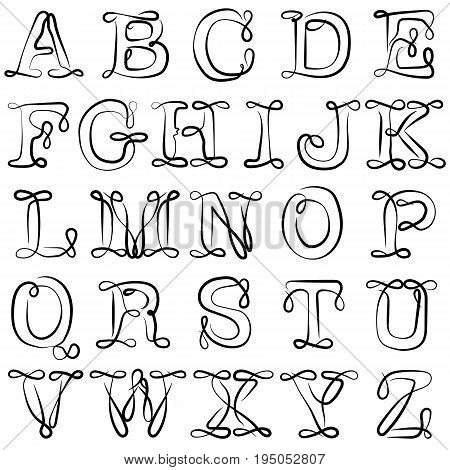 English alphabet. ABC. English letters are black on white. A twisted pattern with loops and curls.