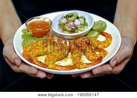 Charcoal Boiled ,prawn Satay Served With Side Disk.