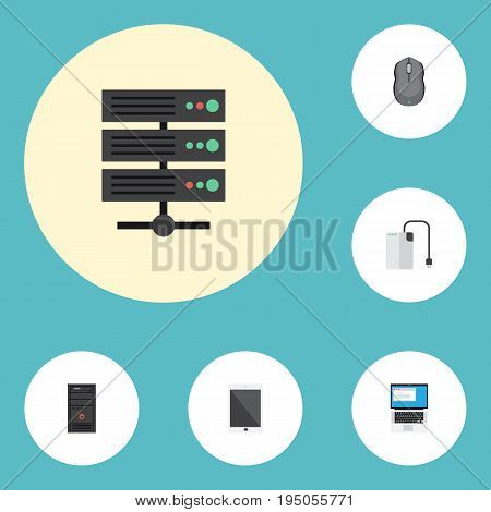 Flat Icons Palmtop, Laptop, System Unit And Other Vector Elements. Set Of Laptop Flat Icons Symbols Also Includes Unit, Processor, Palmtop Objects.