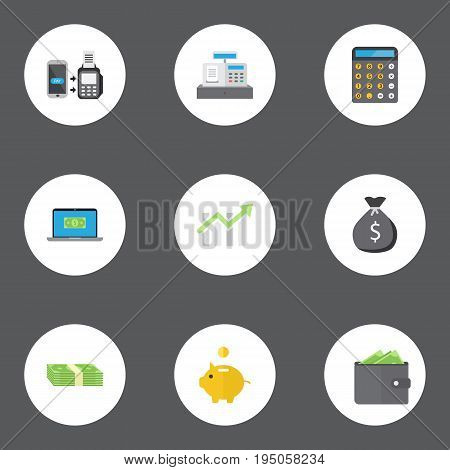 Flat Icons Finance Sack, Till, Cash Stack And Other Vector Elements. Set Of Banking Flat Icons Symbols Also Includes Bar, Billfold, Wallet Objects.