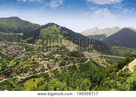 Aerial view of Metsovo tourist resort and  mountains at a summer sunny day, Epirus, Greece