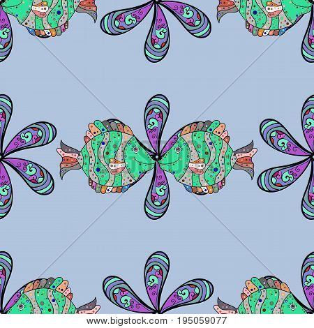 Vector illustration. Sketch - fishes pattern. Tropical fish sea fish aquarium fish on blue background.