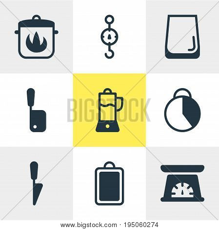 Vector Illustration Of 9 Kitchenware Icons. Editable Pack Of Fruit Squeezer, Steelyard, Butcher Knife And Other Elements.