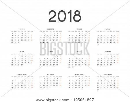 Simple template for printing modern calendar 2018 in Spanish. Week starts from Monday.