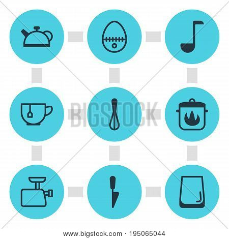 Vector Illustration Of 9 Kitchenware Icons. Editable Pack Of Kitchen Dagger, Teakettle, Stewpot And Other Elements.