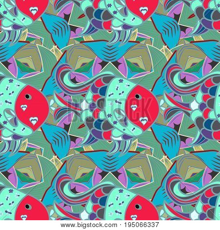 Vector background with fishes and flower petals seamless pattern. Sea fishes on colored background.