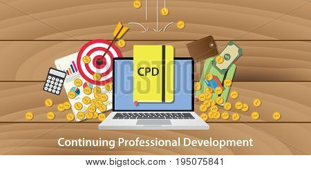 cpd continuing professional development with laptop goals target chart and money falling from sky vector