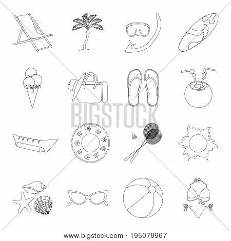 Chaise longue, ice cream, glasses items for summer holidays.Summer rest set collection icons in line style vector symbol stock illustration .