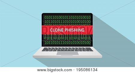 clone phishing concept illustration with laptop comuputer and text banner on screen with flat style and long shadow vector