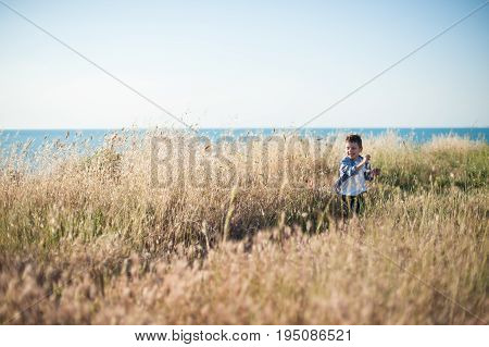 happy laughing little boy running among the Golden fields of rye
