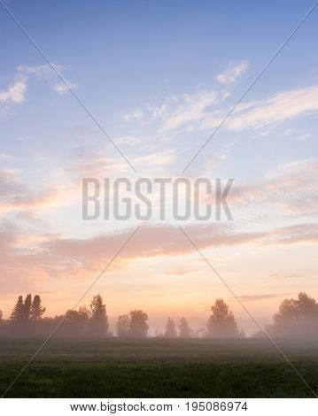 Misty meadow and beautiful clouds at dawn