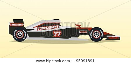 A racing bolid. Sport car. Quick transport. Powerful engine. Aerodynamic body. Side view, isolated on background