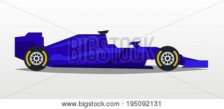 Purple racing bolid. Sports car. Quick transport. Powerful engine. Aerodynamic body. Side view, isolated on background. Vector illustration