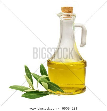 A side view of a shiny cruet of extra virgin olive oil with an olive branch, isolated on a white background, with a place for text
