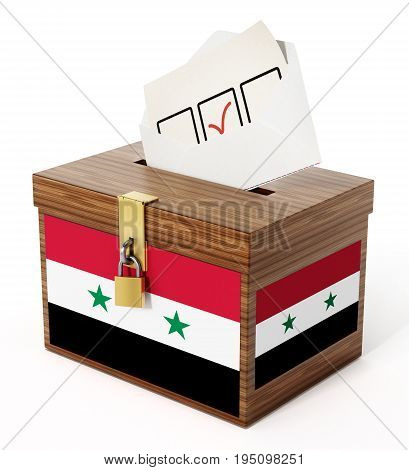 Syrian flag textured ballot box and enveloppe. 3D illustration.