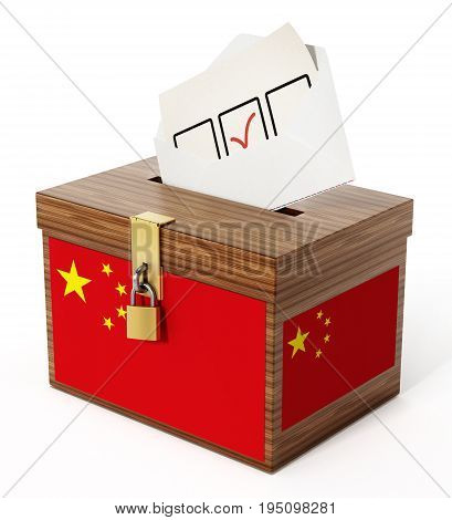 Chinese flag textured ballot box and enveloppe. 3D illustration.