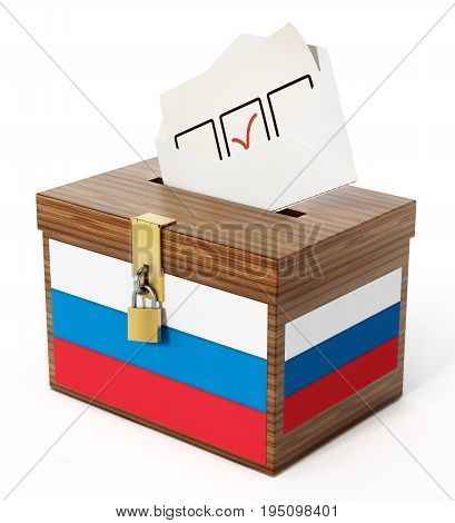 Russian flag textured ballot box and enveloppe. 3D illustration.