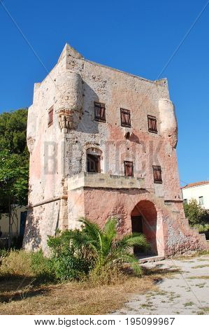 The historic Markellos Tower in Aegina Town on the Greek island of Aegina on April 26, 2017. The tower was once a seat of the Greek government during the War of Independence.