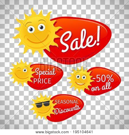 Summer sale labels promotional advertising with smiling sun vector isolated on transparent background